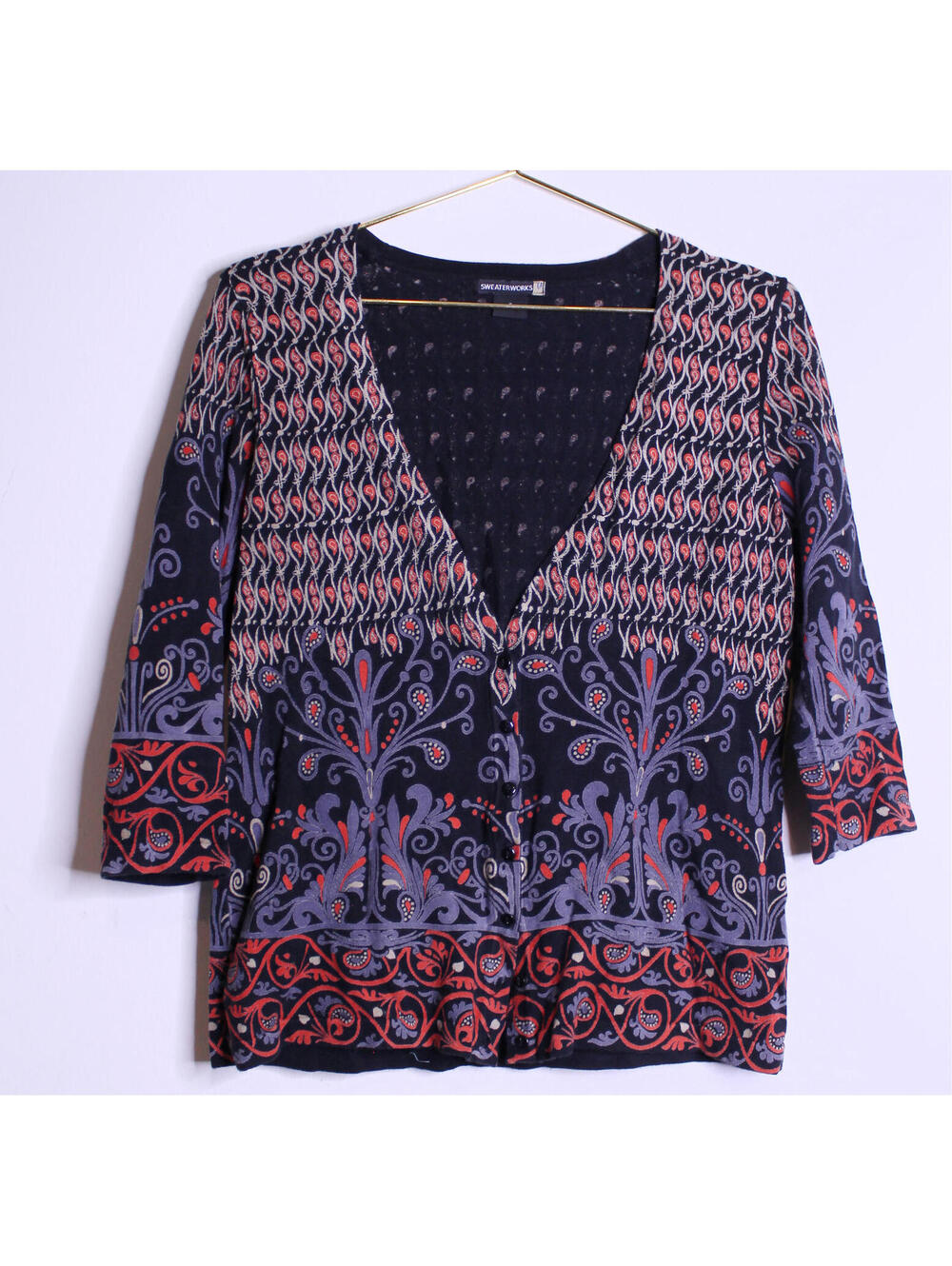 Sweaterworks Black Gray Red Paisley Button Down Cardigan - Small